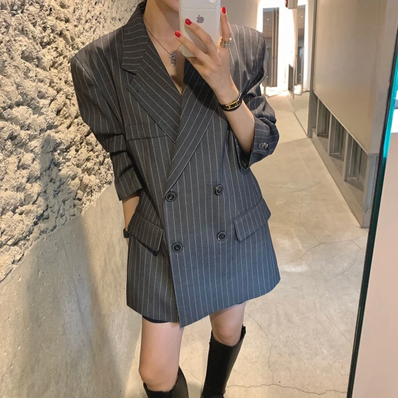 

Women's Vintage Vertical Stripe Suit Jaet Double Buttoned Belted Waist Slimming Versatile OL Office Top Cotton Pure