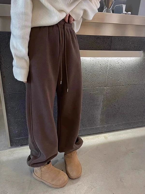 

plus Size Women's High Waist Fleece Lined Thickened Wide Leg Pants Loose Fit Winter Trousers Korean Style Casual Straight Cut