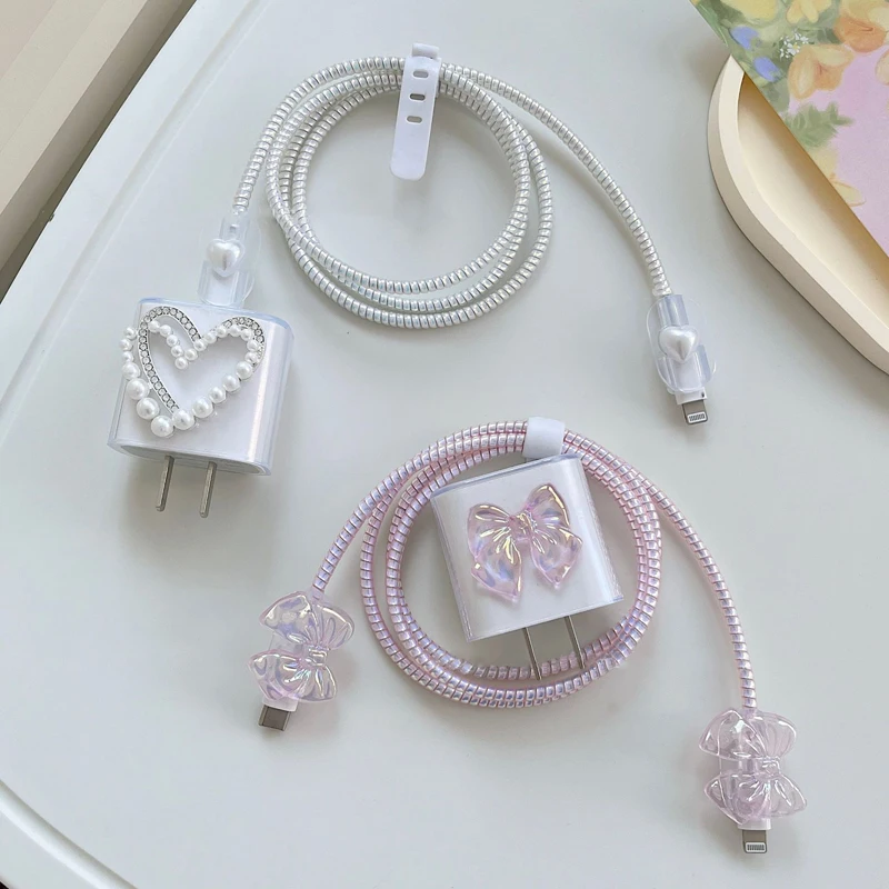 3D Pink Bow Cable Charger Protector Cover For IPhone IPad 18W 20W Original Charger 2024 New Data Line Spiral Winder Protective