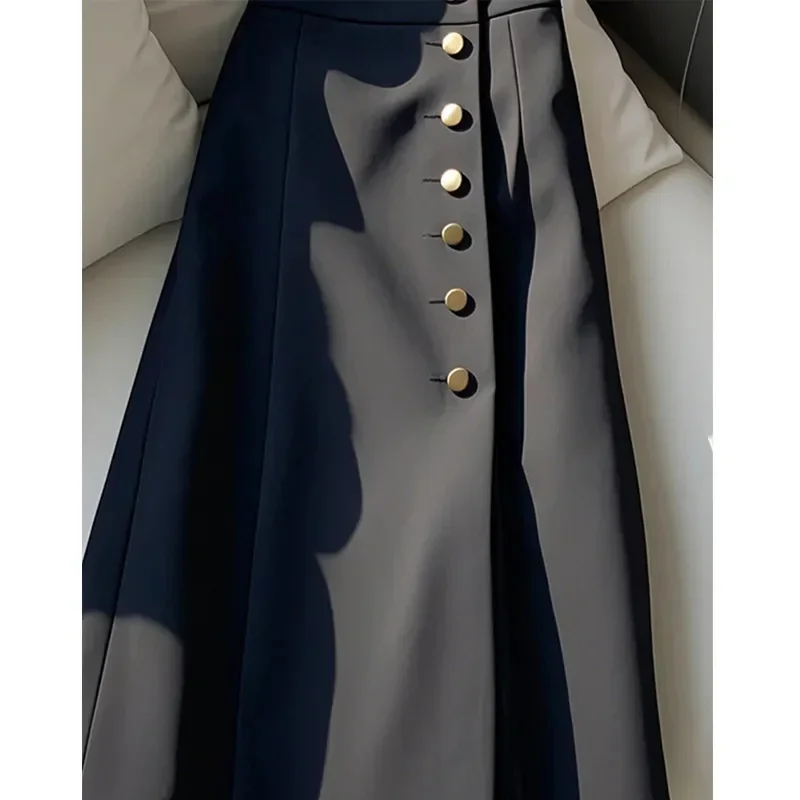 Pop Pop 2025 หญิงสูงเอวกระโปรงยาวฤดูใบไม้ผลิฤดูใบไม้ร่วงผู้หญิงกลางความยาวกระโปรงเกาหลีเลดี้แฟชั่นสีทึบชุด Max
