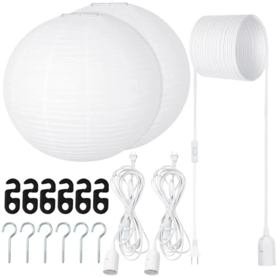 2 Sets Jumbo Paper Lanterns with Lamp Cord Cable White Hanging Paper Lanterns Chinese Japanese Pendant Hanging Lamp for Birthda