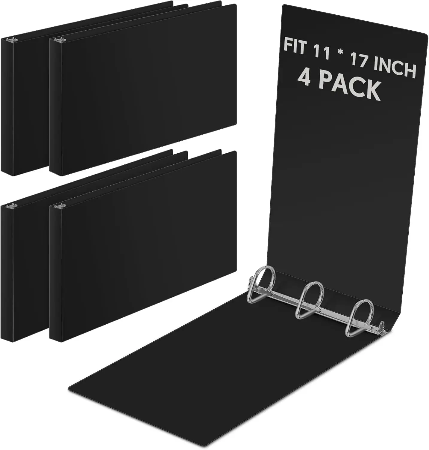 

4 Pack 11x17 Inch 3 Ring Binders, 3 Inch D-Rings, Heavy Duty PP, Holds 600 Sheets, Black