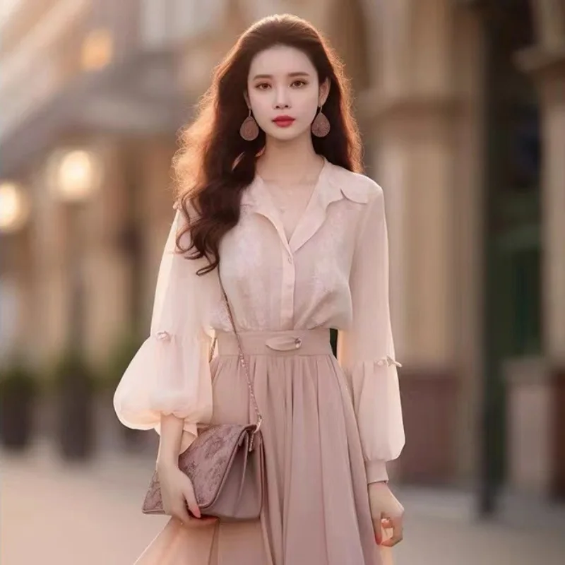 2024 New Early Autumn Small Fragrant Style Shirt Set, Fashionable and Stylish, Pink Long Skirt Two Piece Set