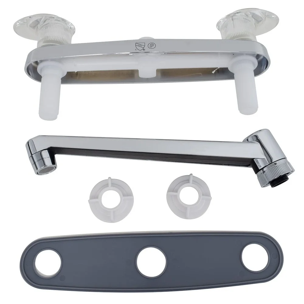 Two Handle Kitchen Faucet 8 Inch Standard Spout Chrome Adjustable Lever Operation 2 Hole Mount Washerless Valve 2.2 GPM Flow