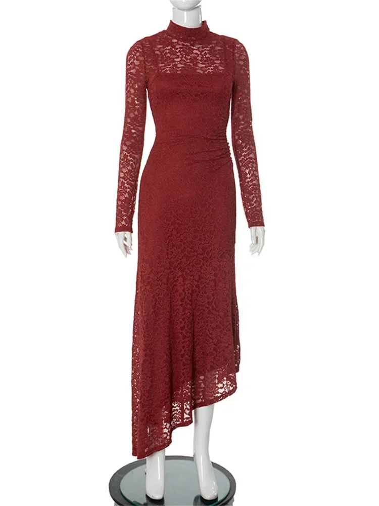 

2025 Lace Patchwork 2 Piece-Set Long Dress For Women Slim Hollow Out Printed Fashion Sexy Party Dress Female Autumn Maxi Dress