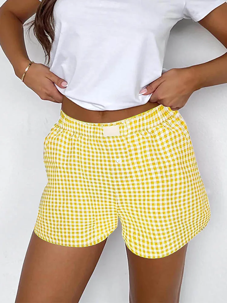 Women's Elastic Waistband Shorts, Teen-Girls Outfit, Red, Blue Plaid, Casual Lounge, Summer