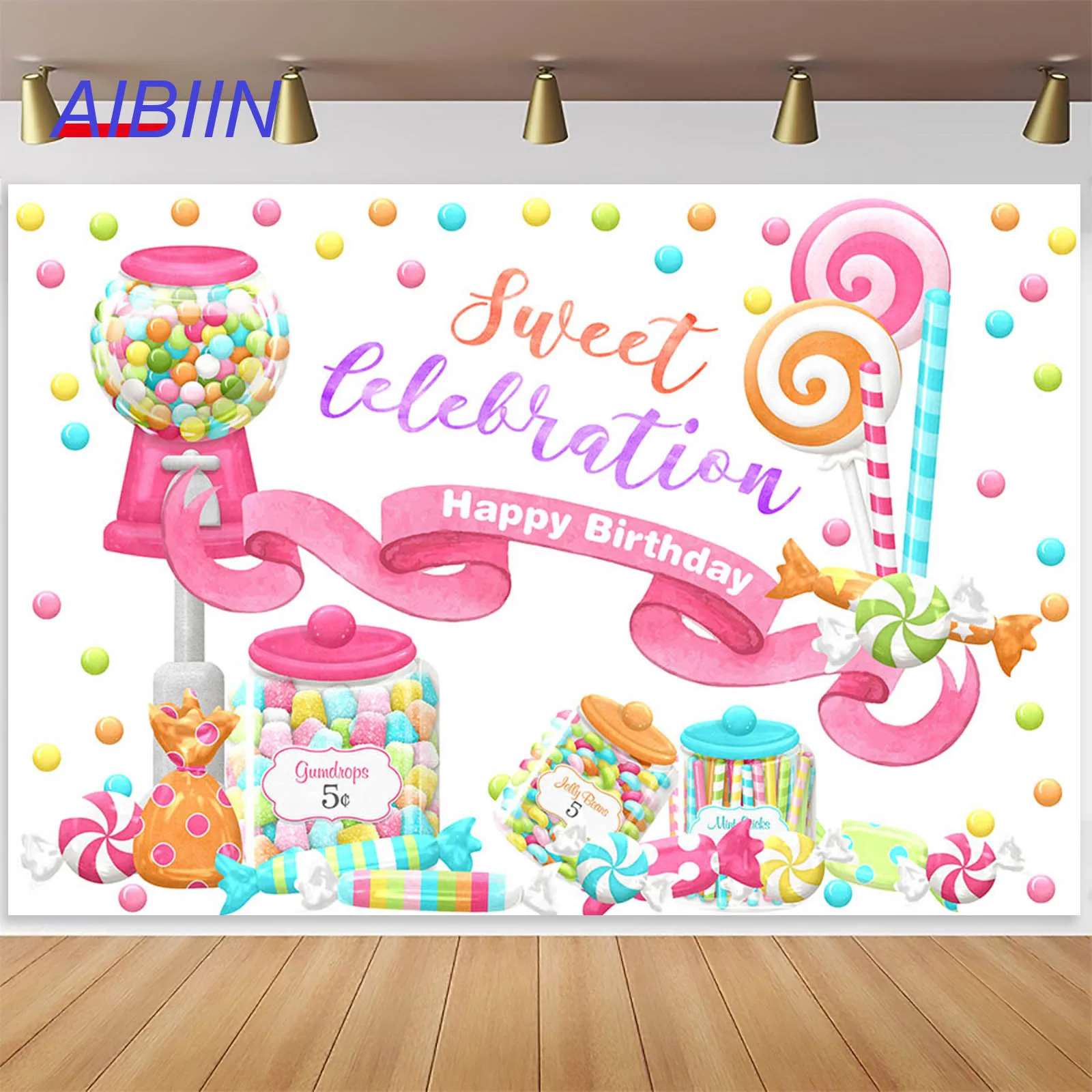 

AIBIIN Sweet Candy Backdrop Girl Happy Birthday Party Decor Colorful Pink Sugar Jar Lollipops Photography Background Cake Banner