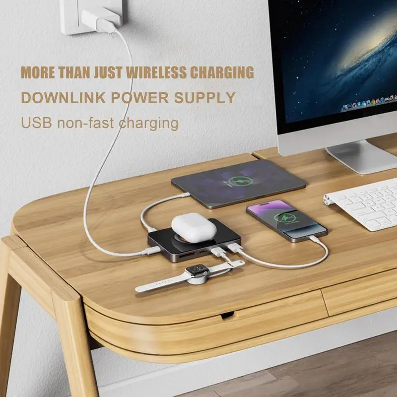 8 In 1 Multi USB Charger Hub Magnetic 15W Wireless Charger Docking Station Charger Hub For Laptops Earphones U Disk