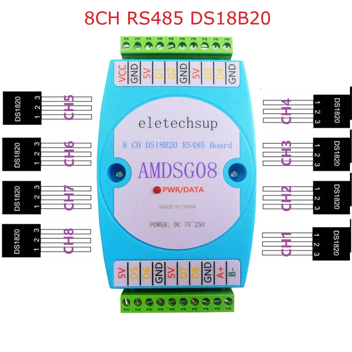 Módulo de adquisición de temperatura ds18b20, 8 canales, rs485, 3000v, comunicación de aislamiento óptico modbus rtu 24v dc 12v