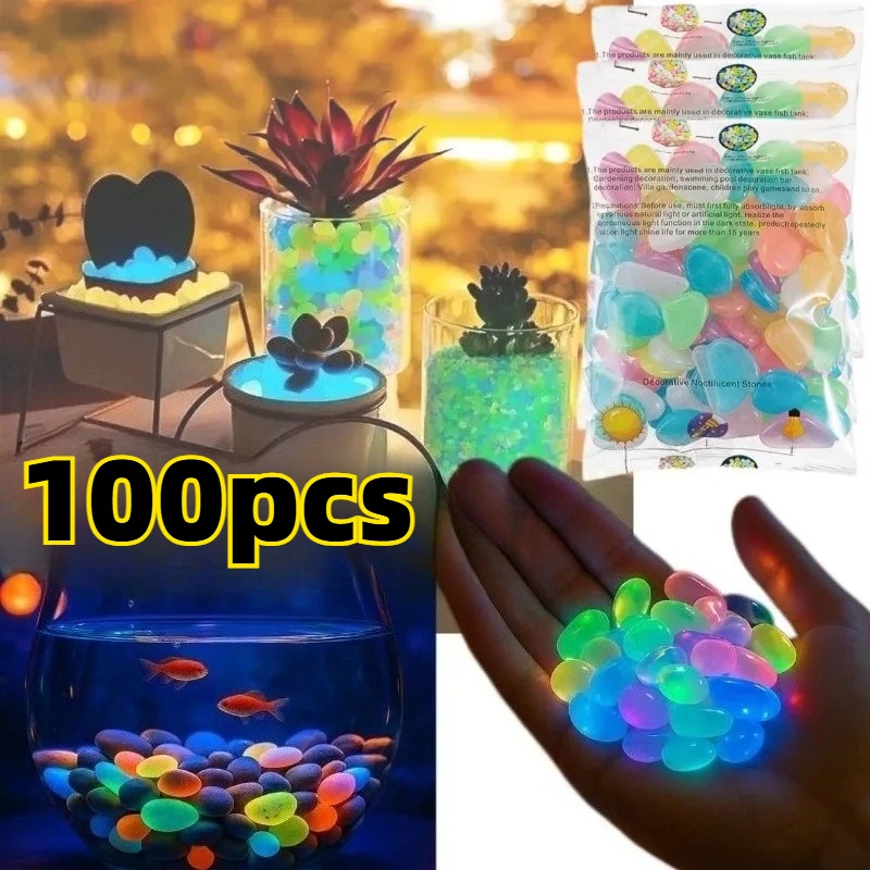100pcs Glowing Garden Pebbles Glow in the Dark Non Toxic Reusable Luminous Stones For Garden Patio Aquarium DIY Decoration