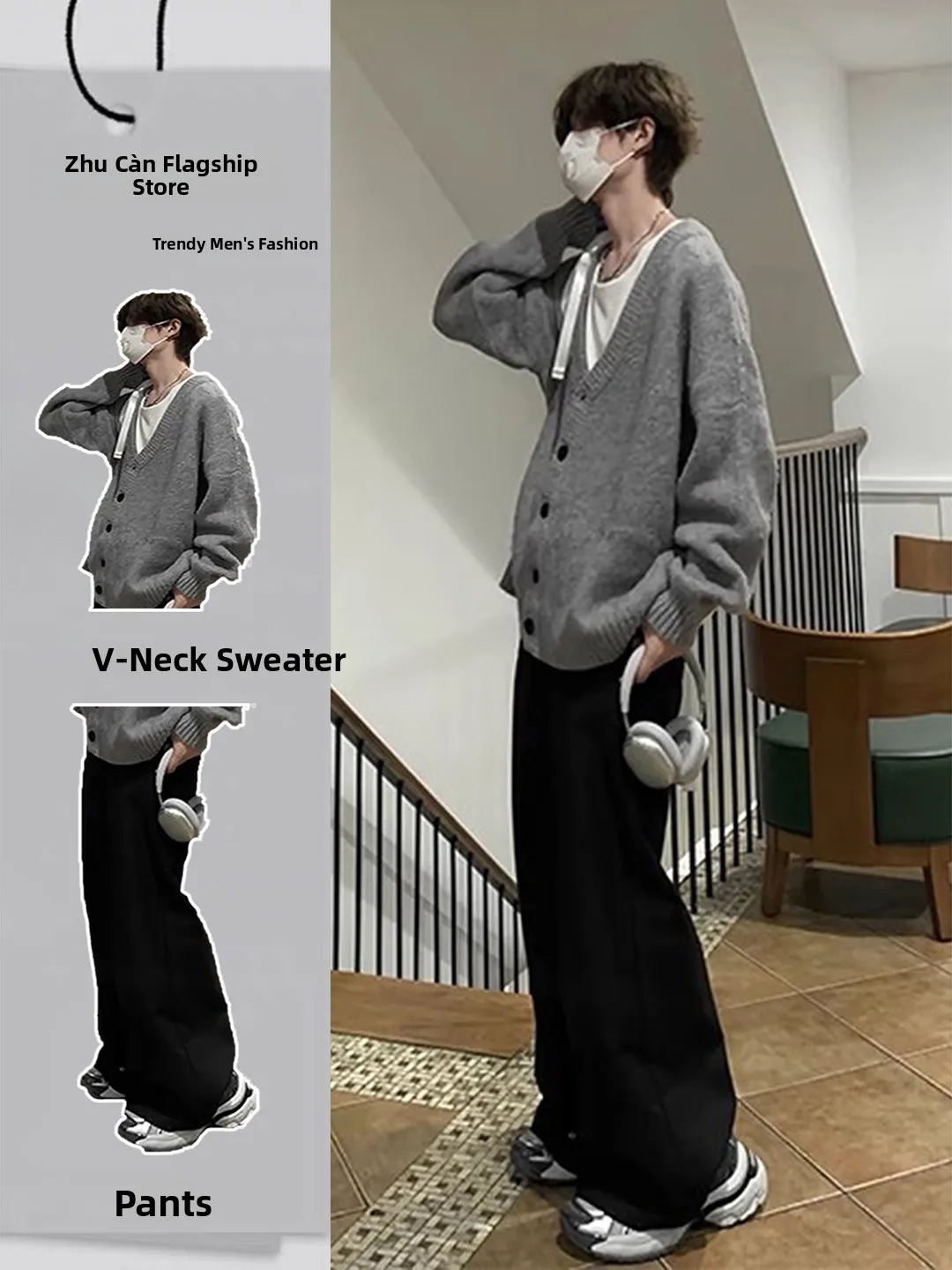 

Gray V-Neck Open Cardigan Sweater Men's Early Autumn Male Set Knitted Outerwear Lazy Style Whole Set Trendy Youth Casual Spor...