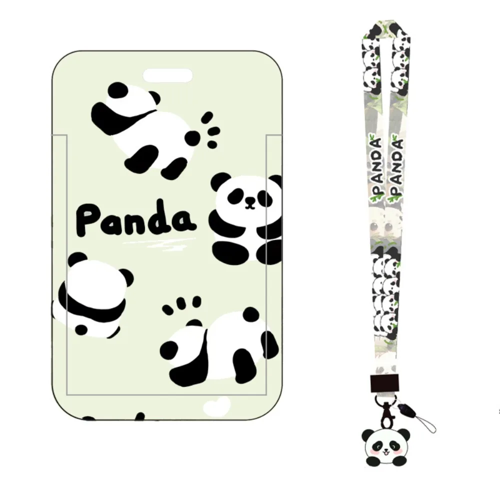New Panda Printing Plastic Card Holder with Long Lanyard Slide Card Case ID Card Protective Cover