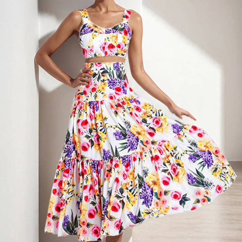 

Spring and Summer Europe and America Y2k Skirt Retro Sleeveless Suspenders Tops Printing High Waist Fashion Suit Comfort
