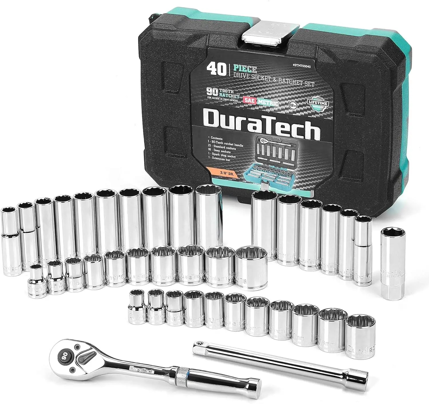 

3/8' Drive Socket Set, 40-Piece with SAE & Metric Sockets, 90-Tooth Ratchet and Extension