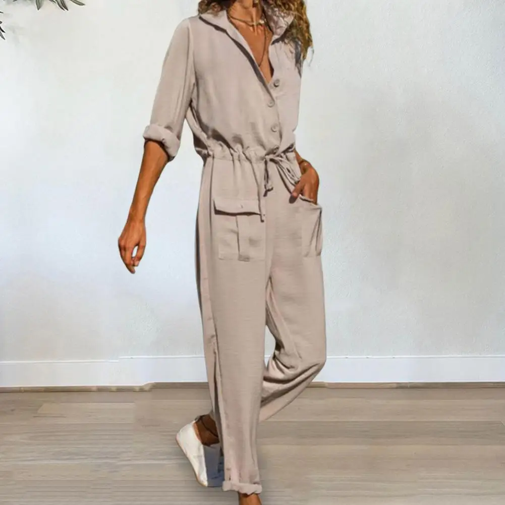 Stylish Autumn Jumpsuit  Loose Casual Lady Jumpsuit  Lapel Pure Color Spring Jumpsuit