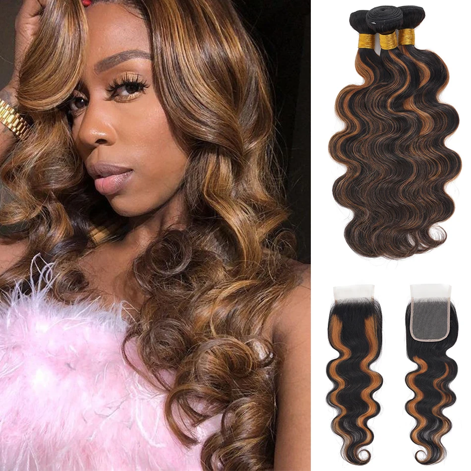 100% شعر بشري غير معالج أومبير الجسم موجة 3 حزم مع إغلاق الدانتيل البورمية العسل شقراء تسليط الضوء على موجة الجسم مع إغلاق HD