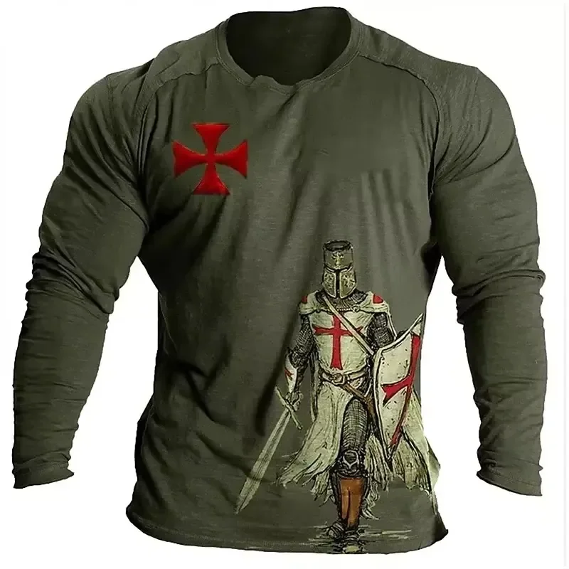3D Print Casual Long Sleeve Templar Knight Retro Fashion Men Round Neck Street Hip Hop Extra Large Quick Dry T Shirt 2026