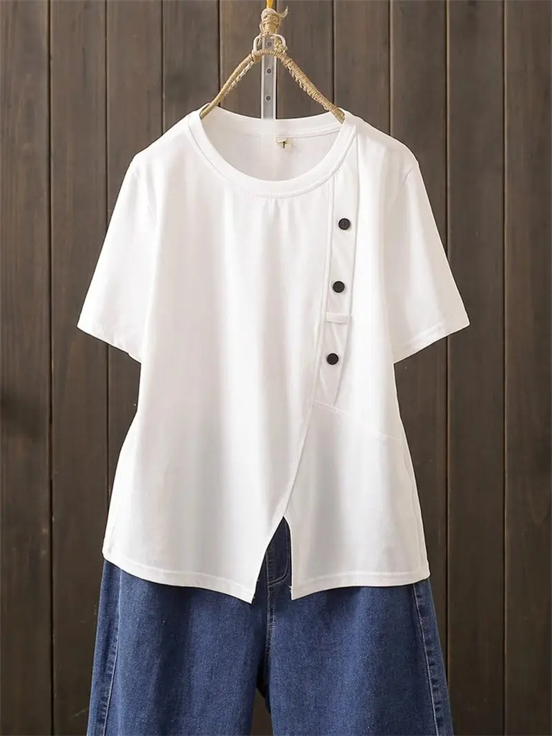 Summer Large Size Irregular Slit Short Sleeved T-Shirt Top Cool Cotton Base Shirt Trendy Tee And Blouse g1124