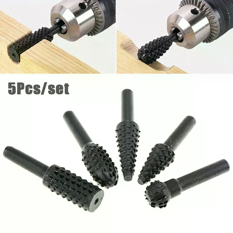 5Pcs/set Wood Carving Rasp Drill Bits Rotary Files Woodworking Burrs Grinding Tool Cutting Engraving Deburring Shaping Grooving