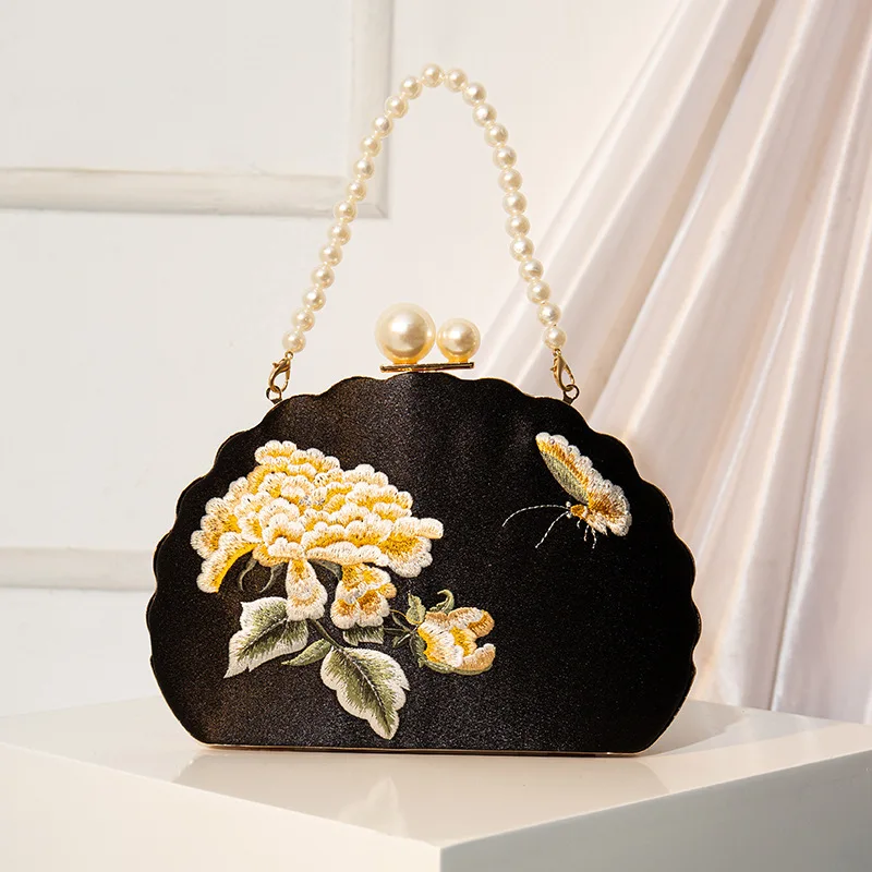 Women's Chinese Style Embroidery Flower Print Evening Bag Pearl Beaded Chain Clutch Handbag for Small Banquet Party Shoulder Bag