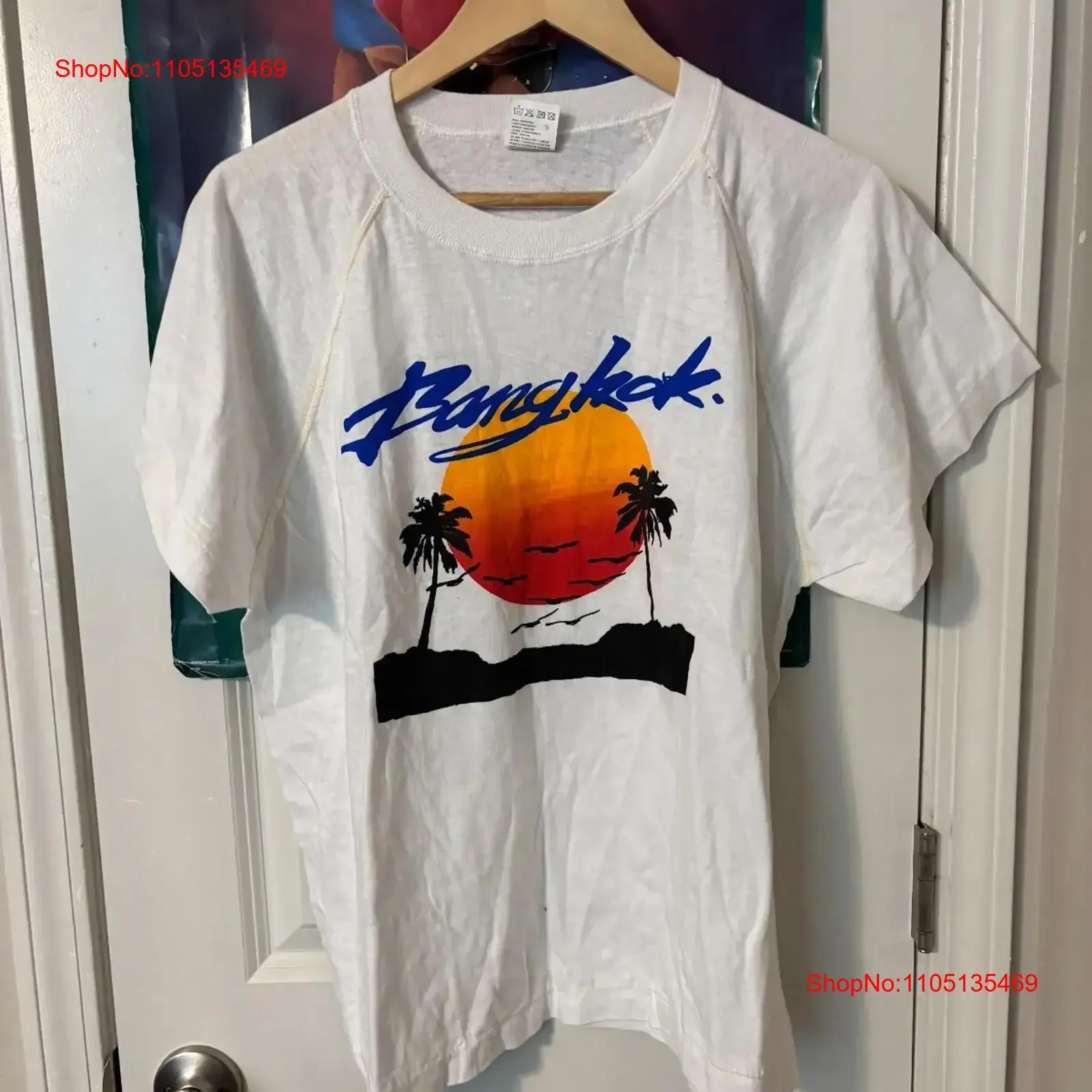 

Винтажная хлопковая мужская футболка Hangkok Thailand L с принтом пальмы белого цвета, винтажная стираная универсальная повседневная мягкая графика