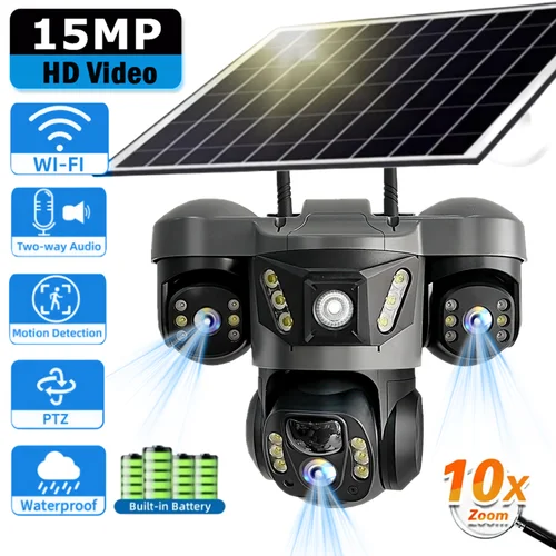Cámara Solar Wifi Triple lente 10X Zoom cámara exterior Triple pantalla seguimiento automático hogar inteligente V380 cámara CCTV inalámbrica impermeable