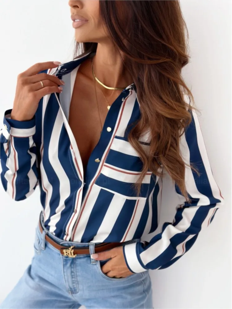 Fashion Print Stripe Women\'s Shirts Vintage Lapel Long Sleeve Female Blouses Shirts Spring Office Lady Streetwear Tops Women New