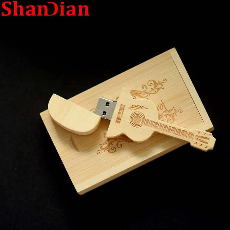 SHANDIAN Wooden BOX Guitar 64GB USB Flash Drive Wedding Gifts 32GB Pendrive Free Custom LOGO Memory Stick Maple 2.0 16GB U Disk