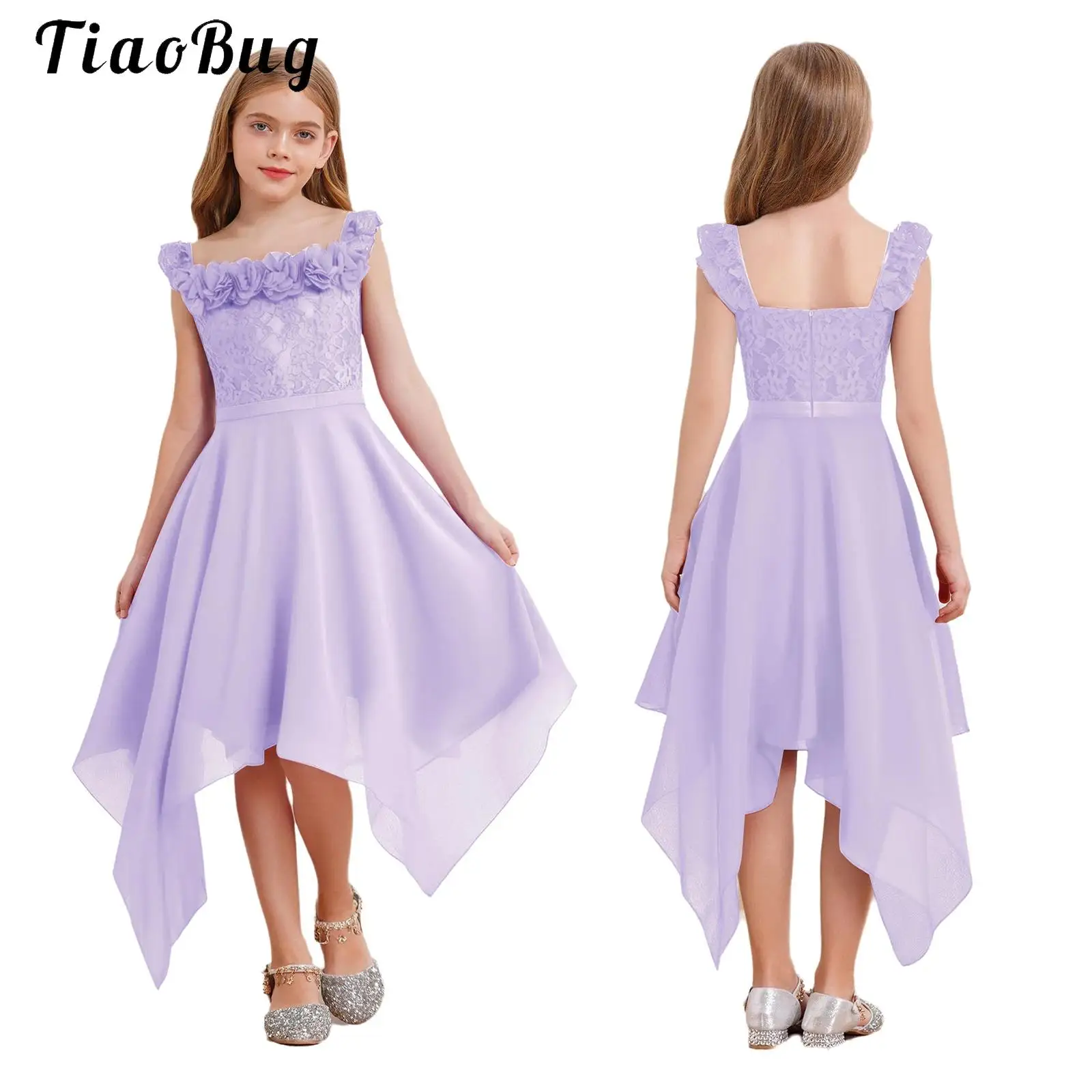 

Children Applique Flower Girls Dress Chiffon Asymmetrical Hem Prom Gown Elegant Princess Birthday Formal Wedding Party Dress