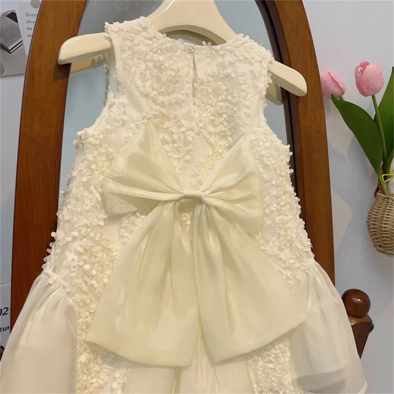 Girls Lace Mesh Dresses White Sleeveless Princess Dress Baby Birthday Party Gown Kids Clothes Summer Bowknot Puffy Skirt 2-8Y