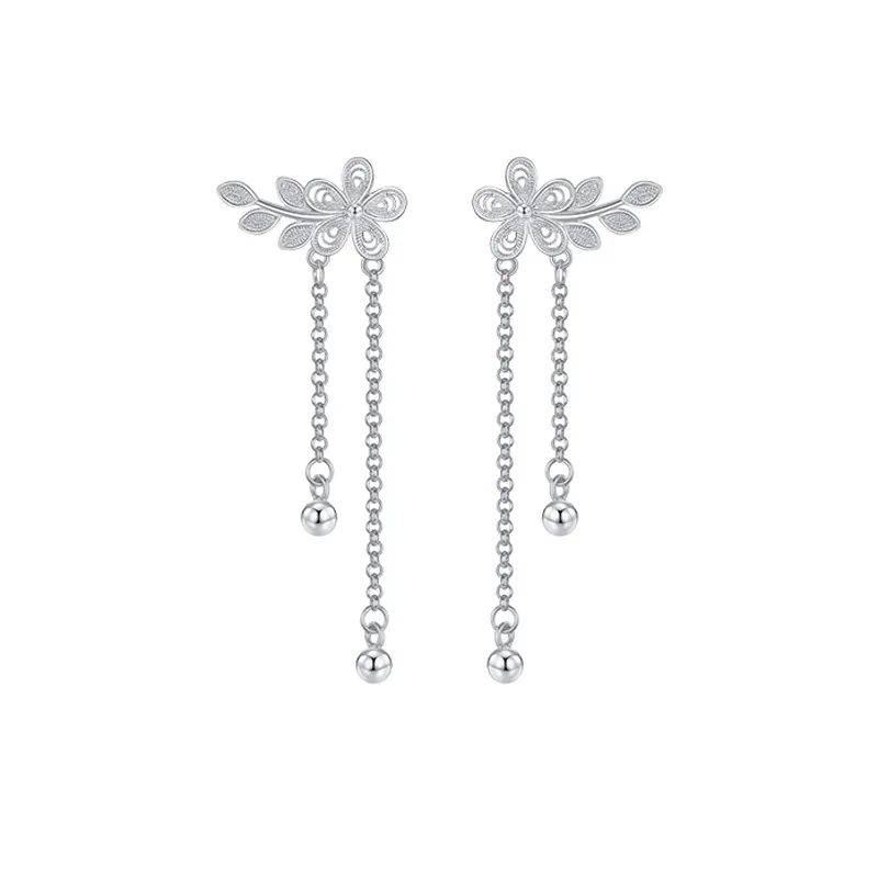 Fashion Korea Cute Peach Blossom Tassel Earrings Women Everyday Accessories Party Leaf Earrings 925 Sterling Silver Jewelry Gift