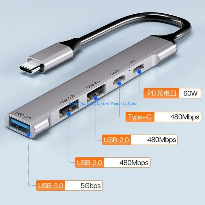 U2JE 4 منافذ Typec Hub Portable USB C Dockng Station PD60W FAST USB A USB C شحن