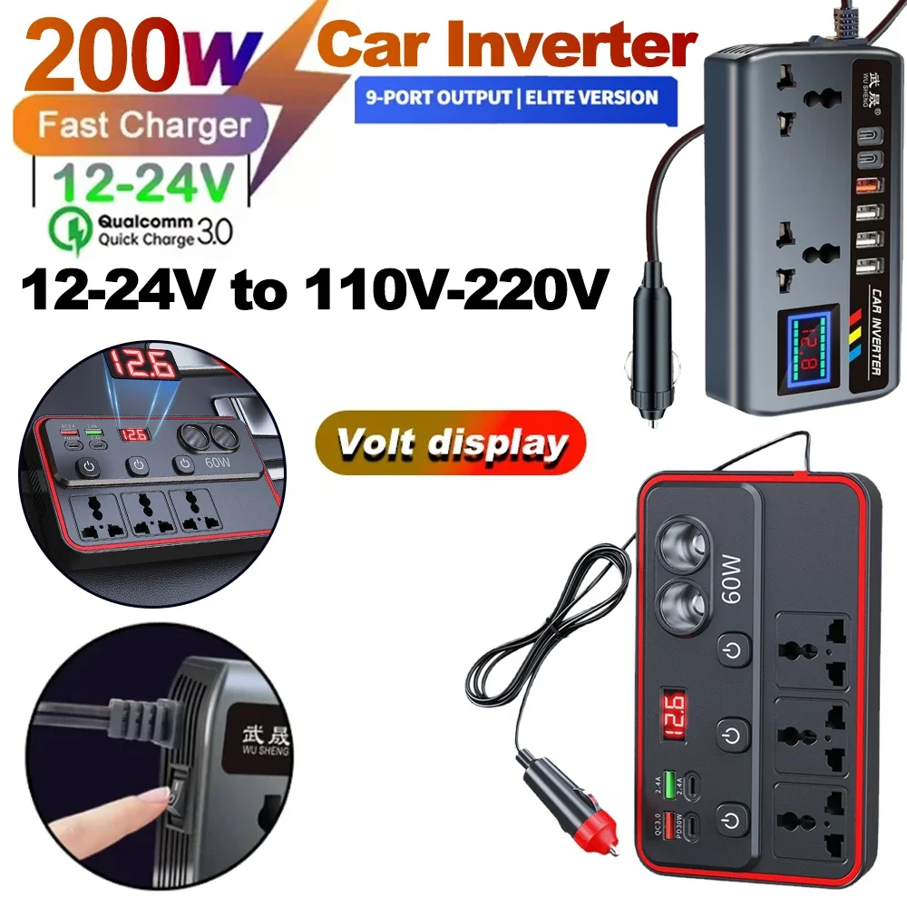 Portable Car Inverter 12V to 110V / 24V to 220V Outlet Adapter with 4 USB Ports Fast Charging Car Charger for Auto Truck SUV RV
