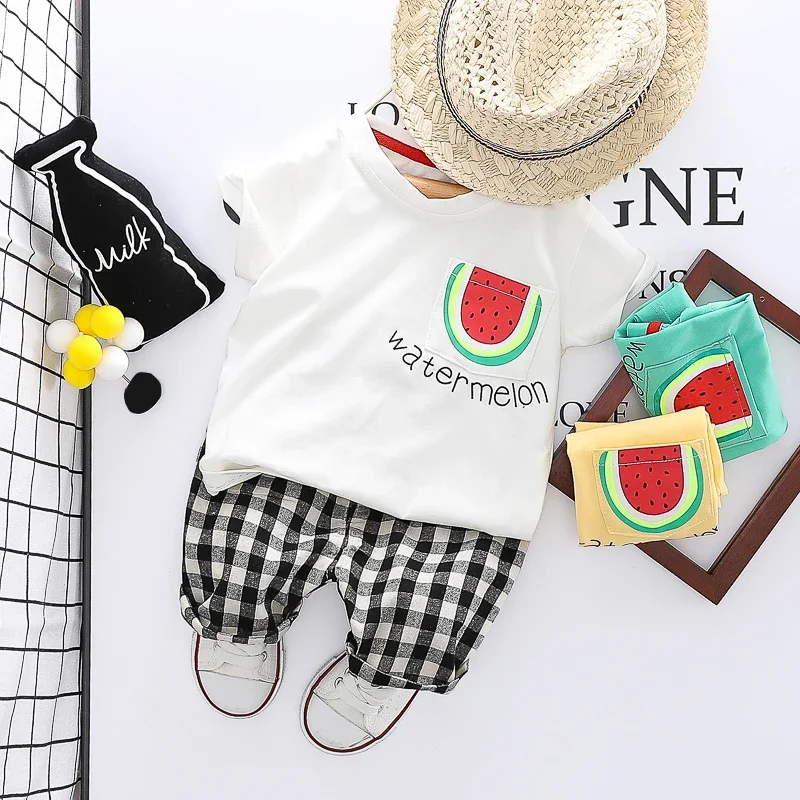 

Toddler Infant Clothing Sets Summer Baby Girls Boys Short Sleeve Cartoon T Shirt Plaid Shorts Outdoor Children Casual Clothing