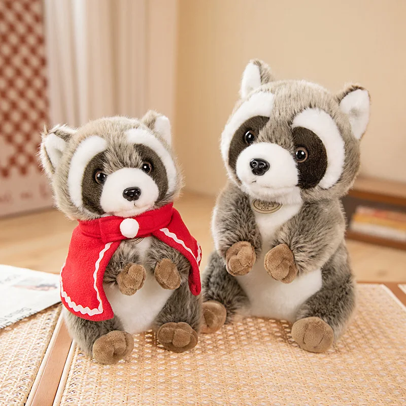 Kawaii imitacja szopa z dzwoneczkami płaszcz pluszowa zabawka śliczne realistyczne Procyon wypchane zwierzęta lalki dla dzieci prezent urodzinowy dla dzieci