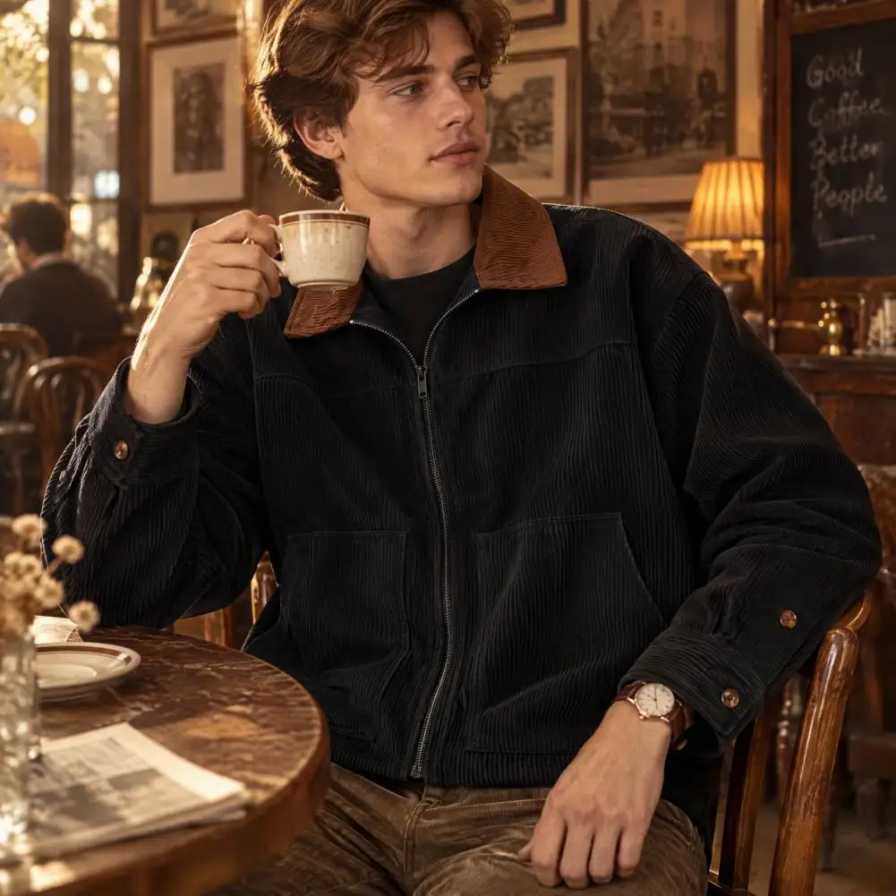 Versatile Layering Piece Mens Corduroy Jacket Men's Corduroy Jacket Coat Lapel Collar Casual Outerwear Loose Fit Color for Daily