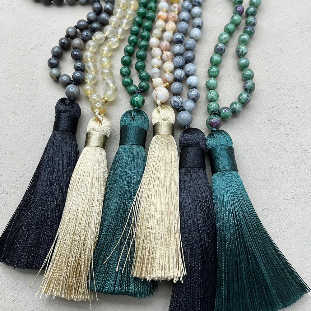 6mm Natural Stone 108 Mala Beads Necklace Hand Knotted Japamala Prayer Rosary Yoga Meditation Spiritual Jewelry for Men Women