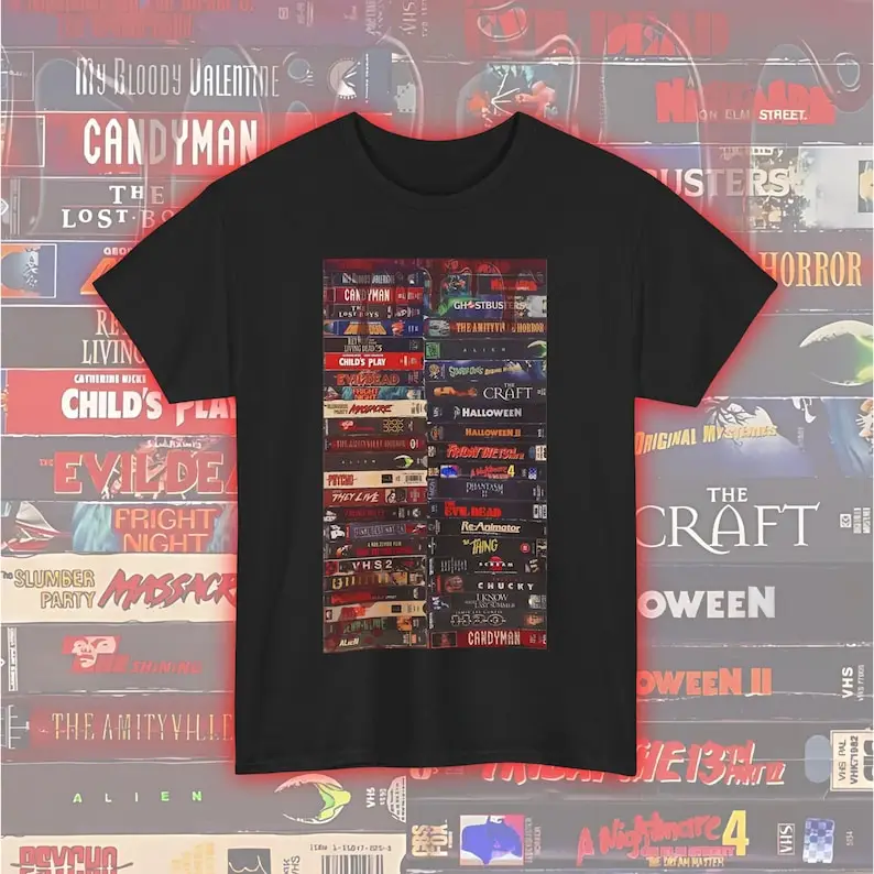 Camiseta VHS Horror Mega Stack, camiseta unisex de película de miedo Buff, camiseta de terror de casete de vídeo retro, película de Halloween