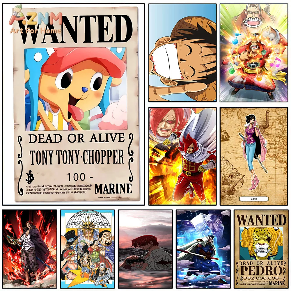 AZNM Lienzo Decorativo de Anime One Piece, Póster de Busca de Recompensas de Tony Tony Chopper, Monkey D. Luffy, Shanks, Pedro, Impresión HD, Arte de Pared sin Marco