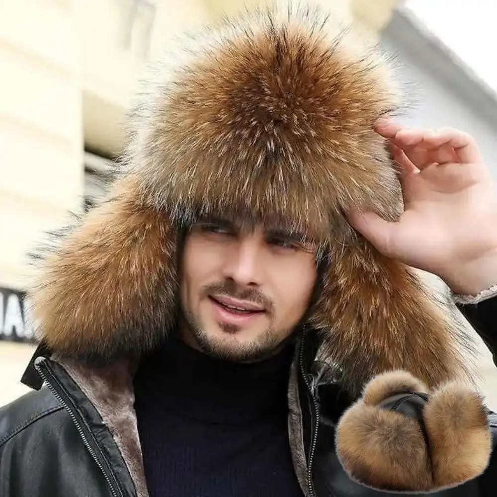 الشتاء الدفء تقليد الفراء القبعات النساء الرجال الراقية الدافئة الأسود الثعلب الفراء الطبيعي الراكون الفراء قبعة يندبروف الروسية Ushanka القبعات #1