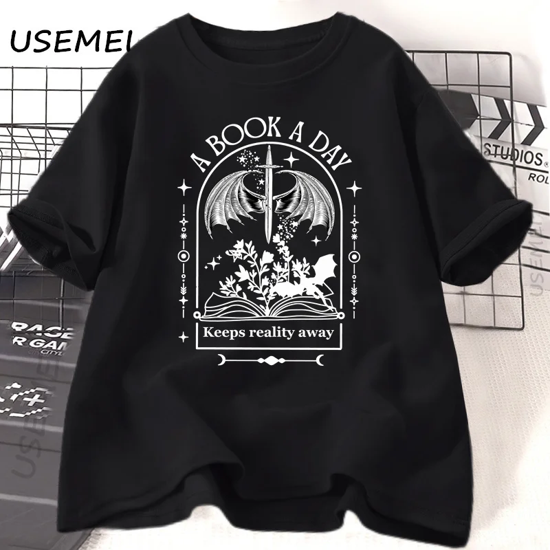 A Day Dragon T Shirt Bookish Short Sleeved T-Shirt Book Club Tshirt Fantasy Book Merch Reader Book Lover Clothing Cotton