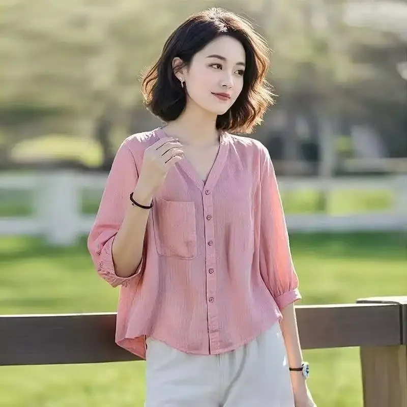 Women's V-Neck Blouse - Half-Sleeve Loose-Fit Shirt with Chest Pocket
