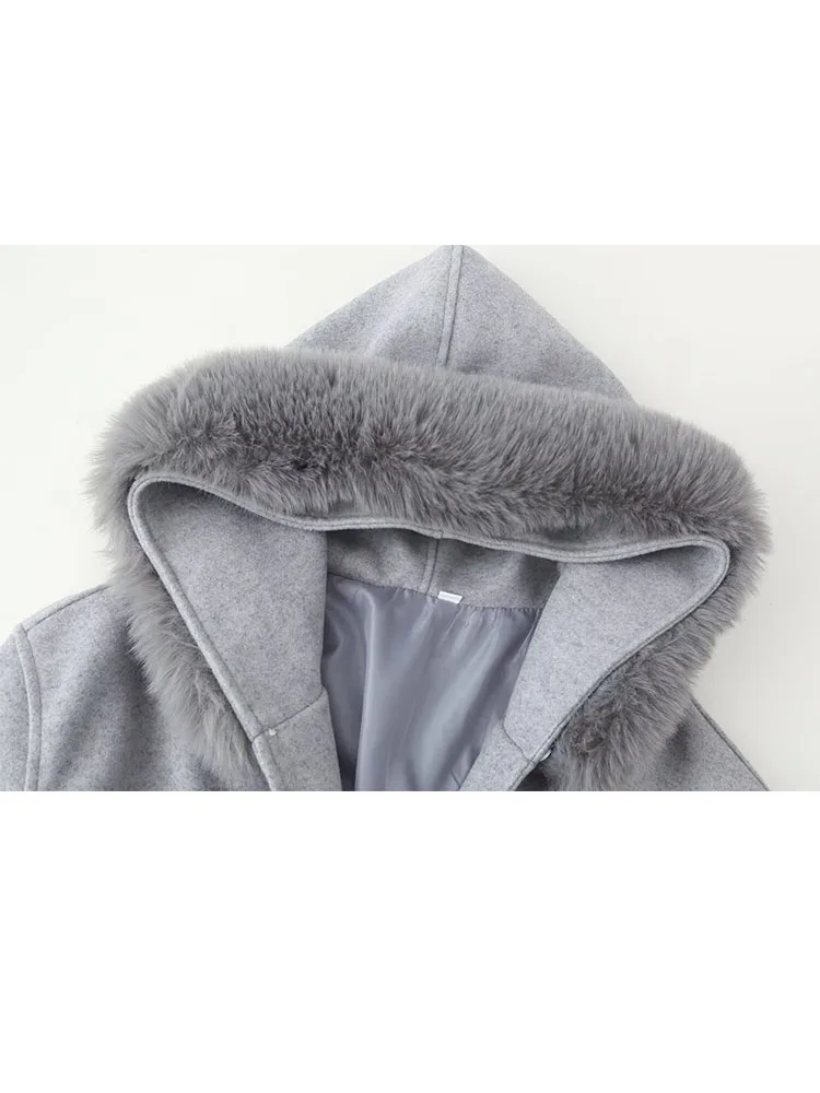 

HH Winter New Fashion Women Long Sleeves Coats Gray Fur Collar Pockets Lace Up Decoration Female Casual Loose Short Jackets