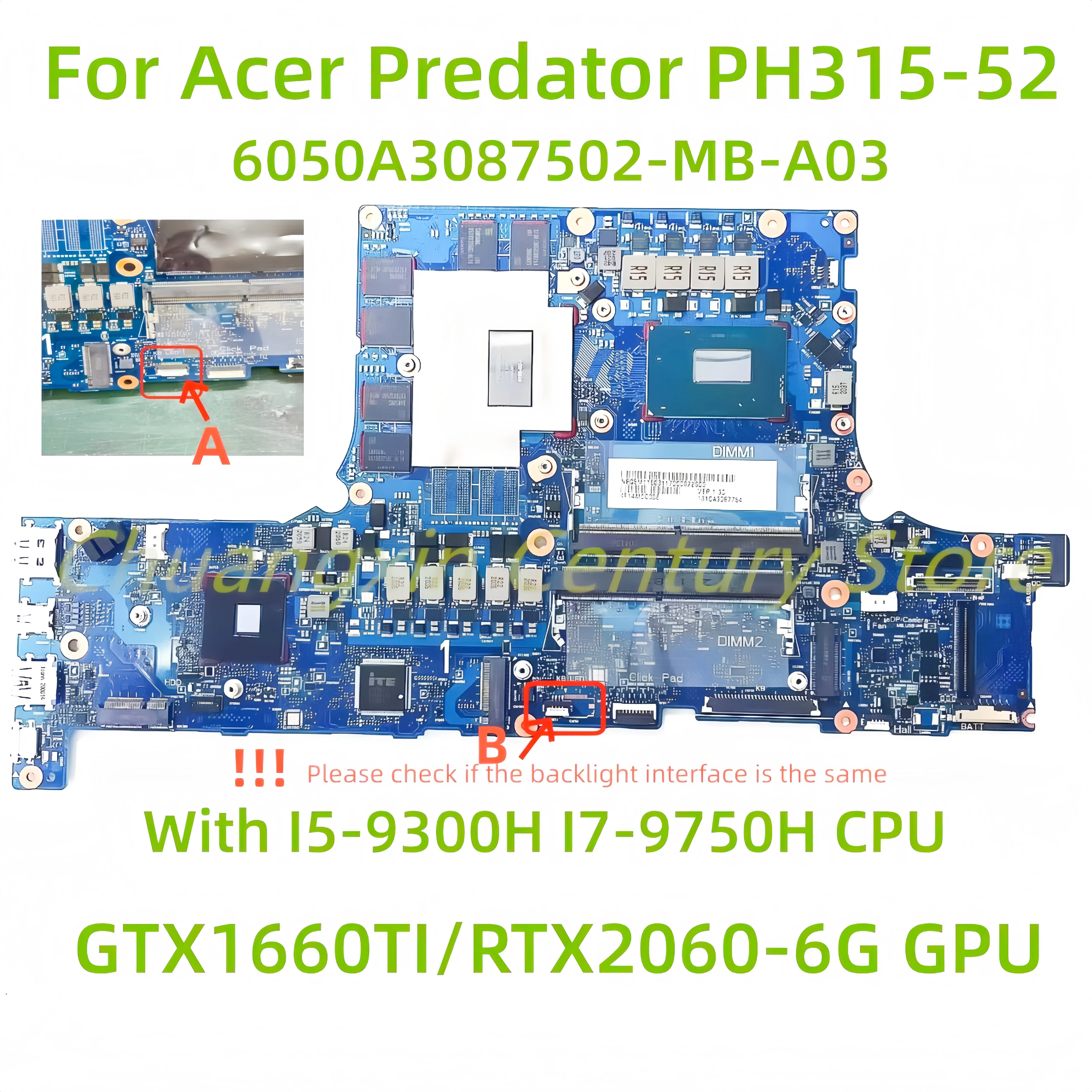 

6050A3087502-MB-A03 motherboard For Acer Predator PH315-52 laptop with I5 I7-9TH CPU GTX1660TI/RTX2060/RTX2070 GPU 100% Test