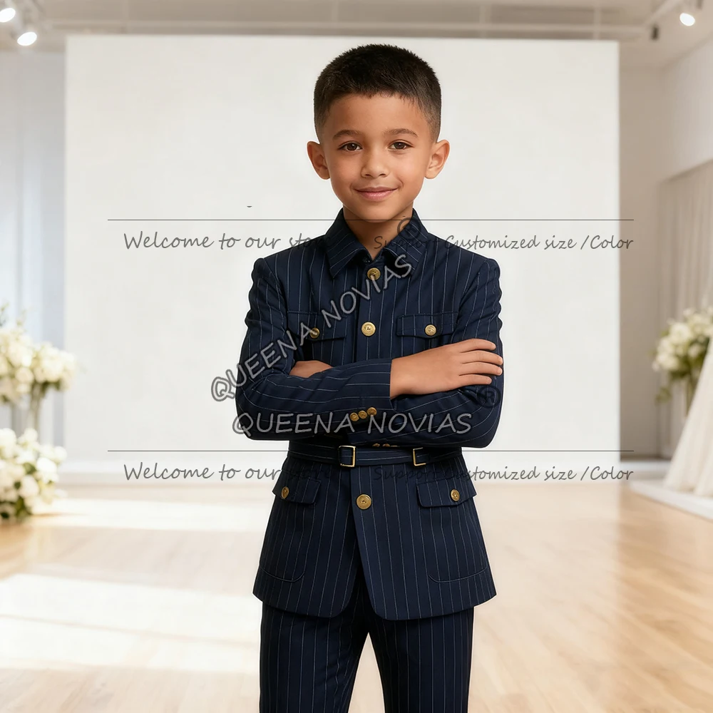

Classic Stripes Boy Suit Attire For Wedding Safari Style Jacket Pants 2 Pieces Customized Standard Collar Blazer Children Tuxedo