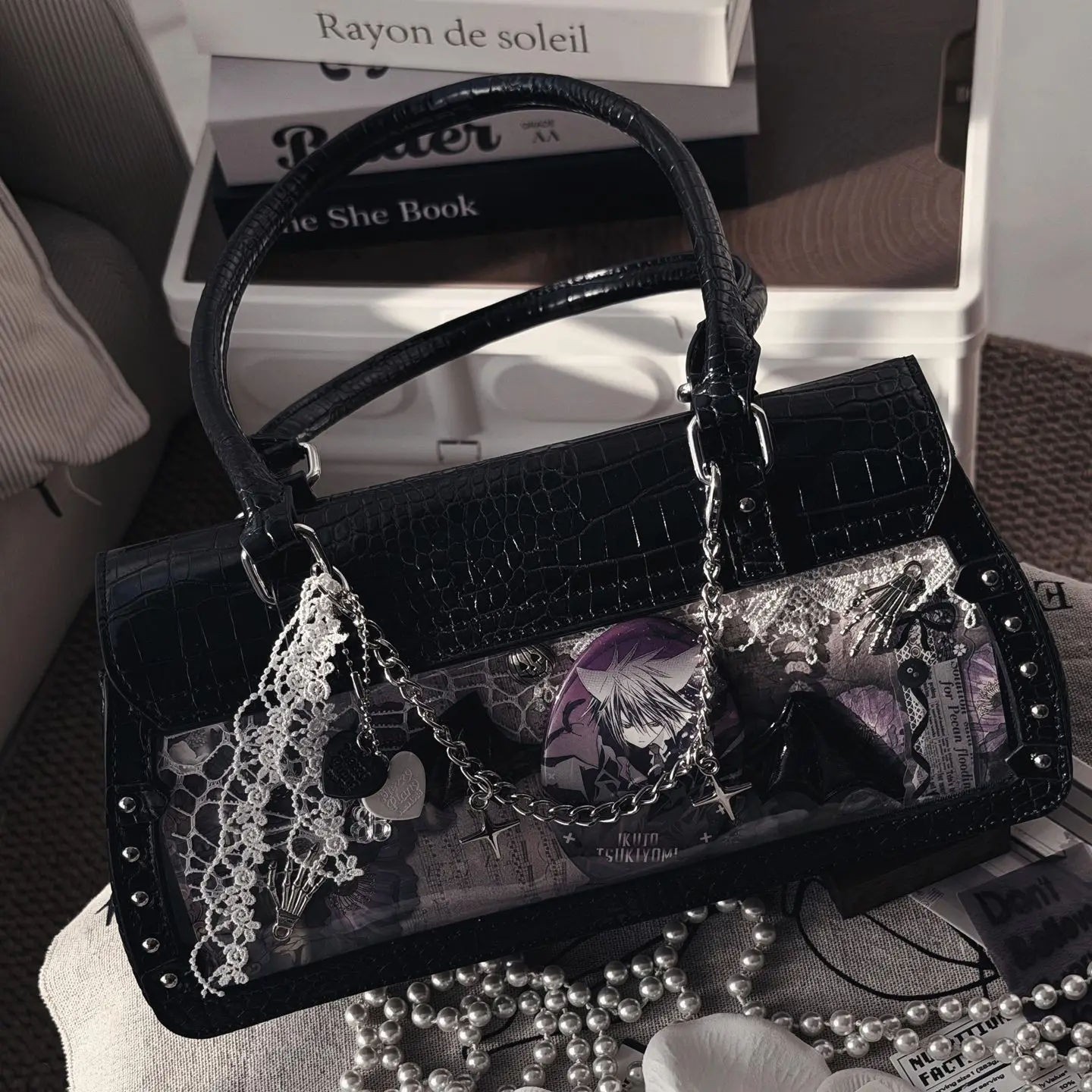 Gothic Lolita Ita Bag Bat Punk Shoulder Tote Bag Clear Window Anime Pin Display Y2K Vintage PU Leather Handbag Gift