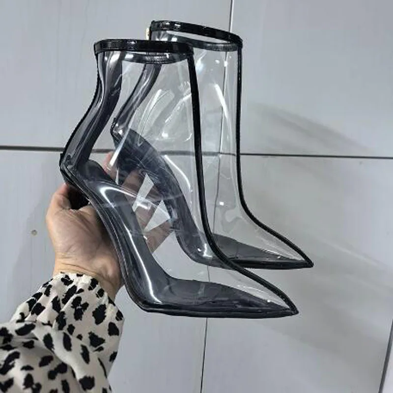 Women Transparent PVC Pointed Toe Ankle Booties Stiletto High Heels Single Ankle Strap Side Cut‑out Clear Short Boots For Party