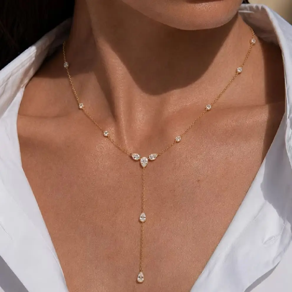 Ingemark Elegant Zircon Water Drop Pendant Necklace for Women Luxury 18K Gold Plated Stainless Steel Clavicle Chain Jewelry Gift