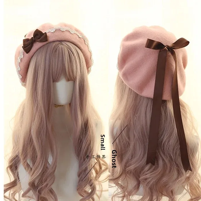 Japanese Style Beret Hat Lolita Sweet Woolen Handmade Lacebow Beret Hat Winter Season China Mainland Origin Serious Accessories