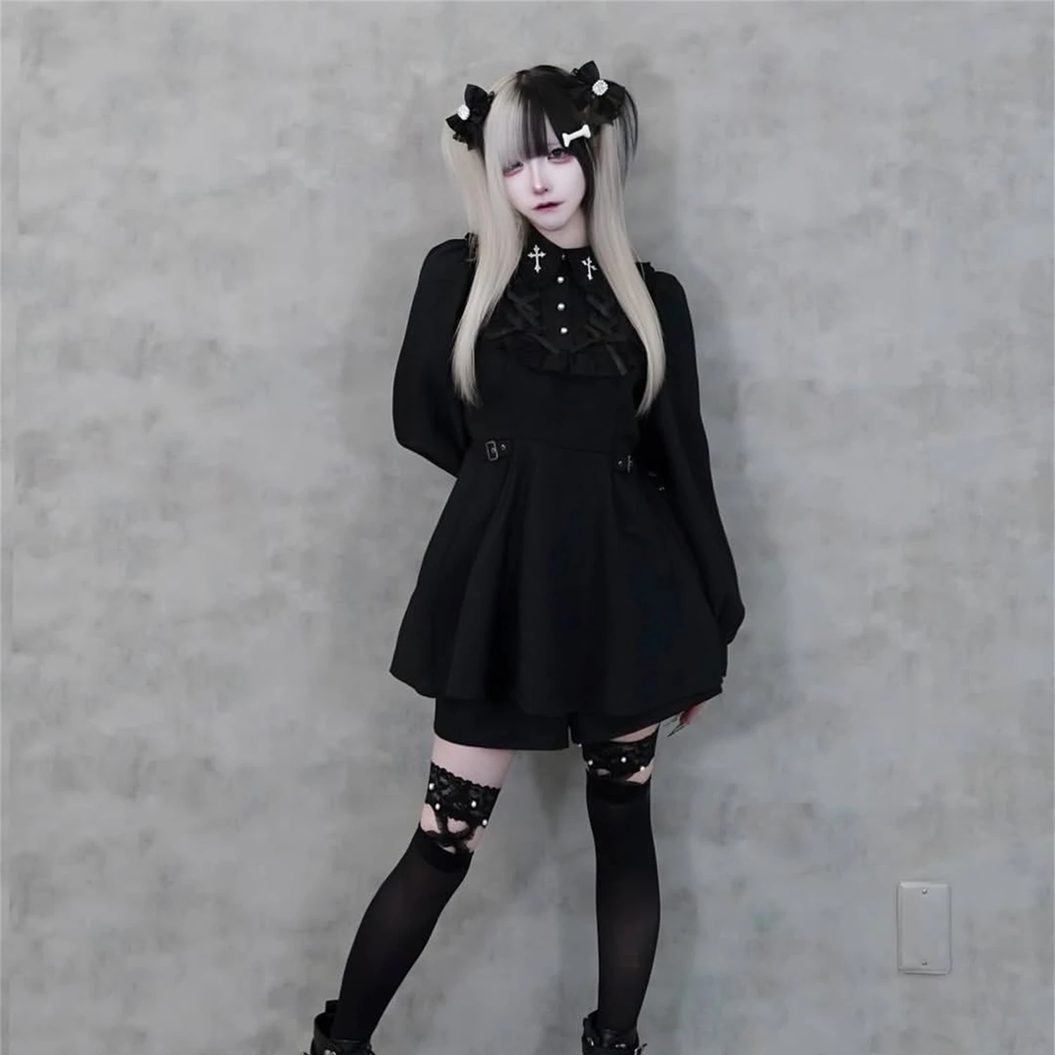 Otoño nueva subcultura gótica niñas dulce vestido fresco pantalones cortos conjunto de 2 piezas mina japonesa producida en masa vestido de manga larga conjunto de pantalones cortos